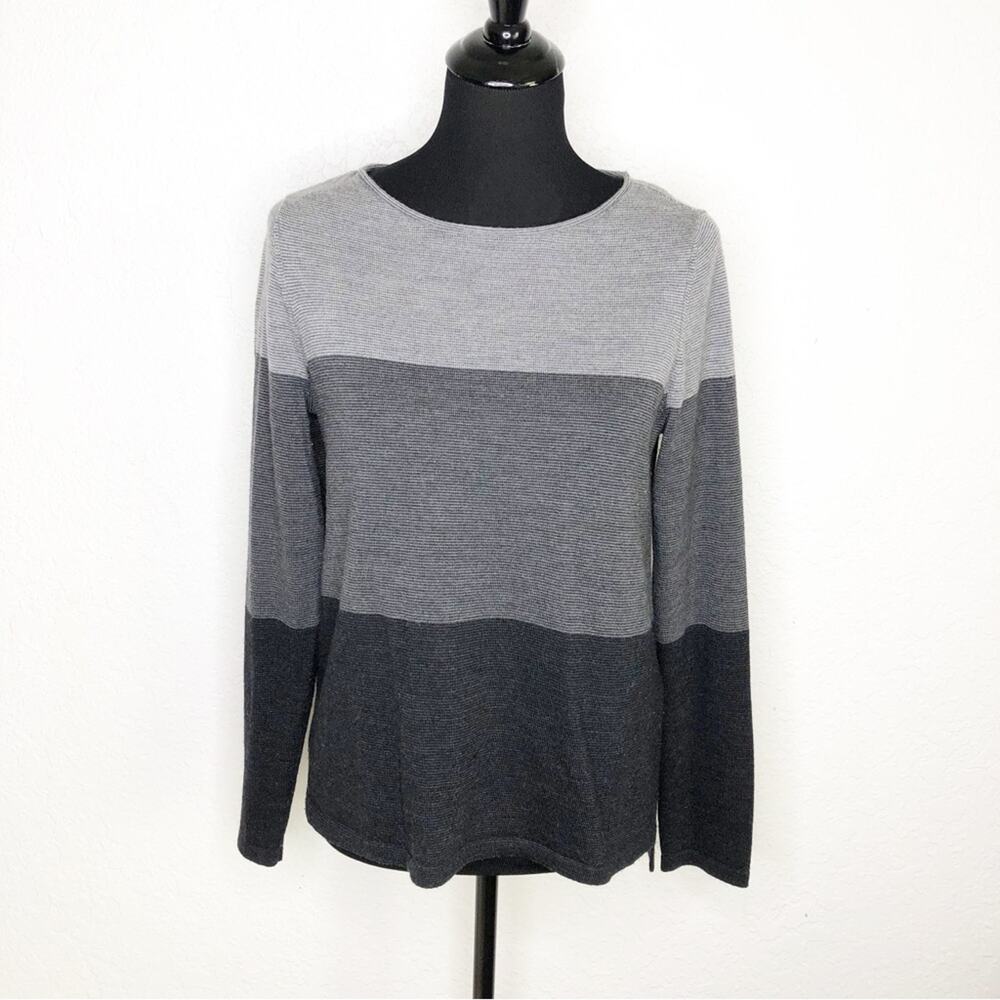 Eileen Fisher gray black striped merino wool sweater size Extra Small XS